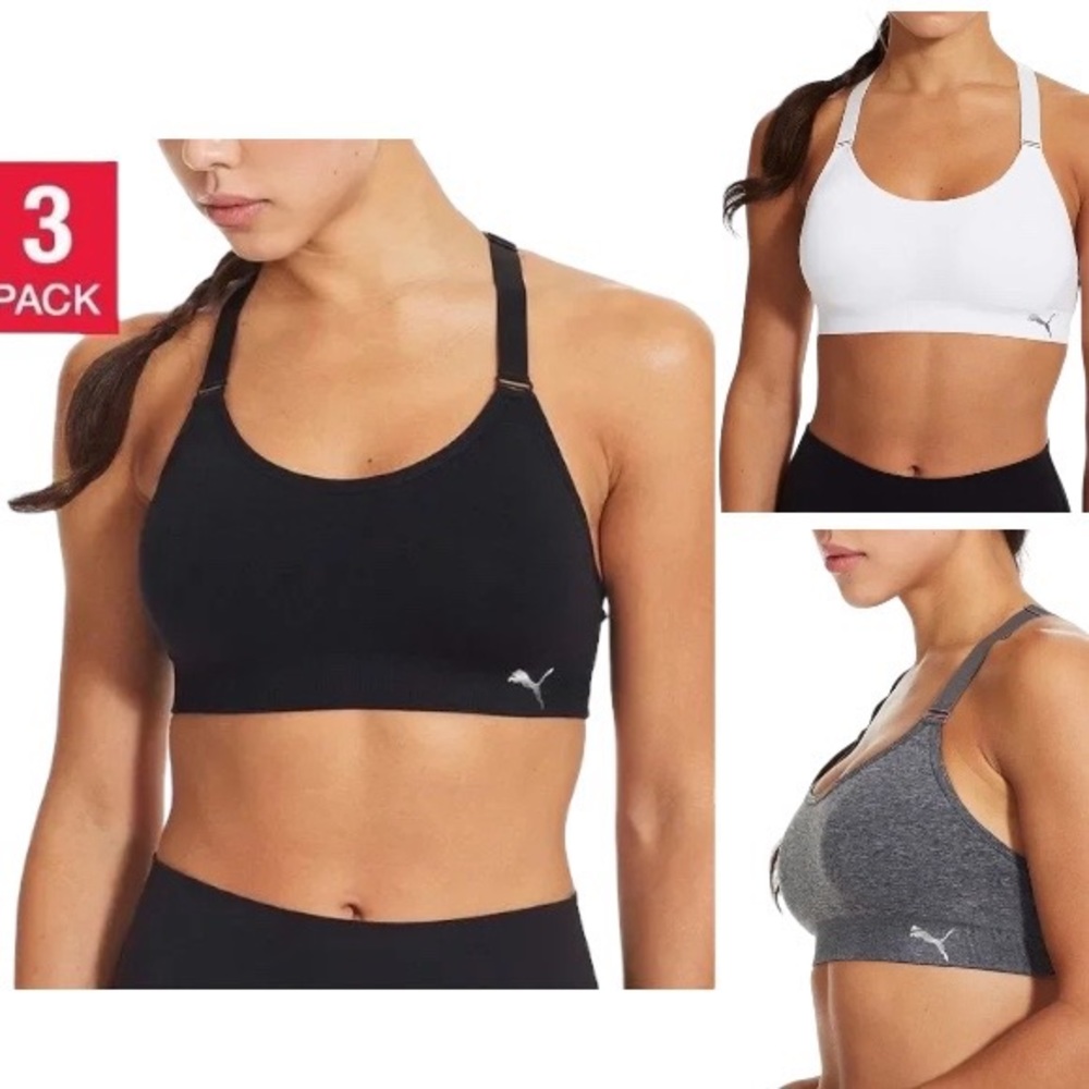 PUMA Ladies Sports Racerback Bra, 3-pack Black, Gray and White - NEW